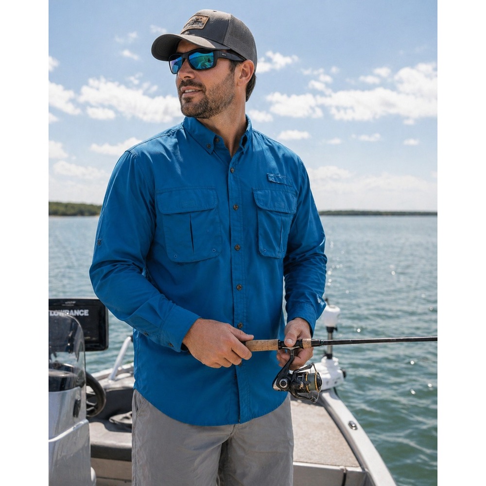 RedHead Mens Long Sleeve Fishing Shirt Teal Blue Ventilated Utility Pockets M
